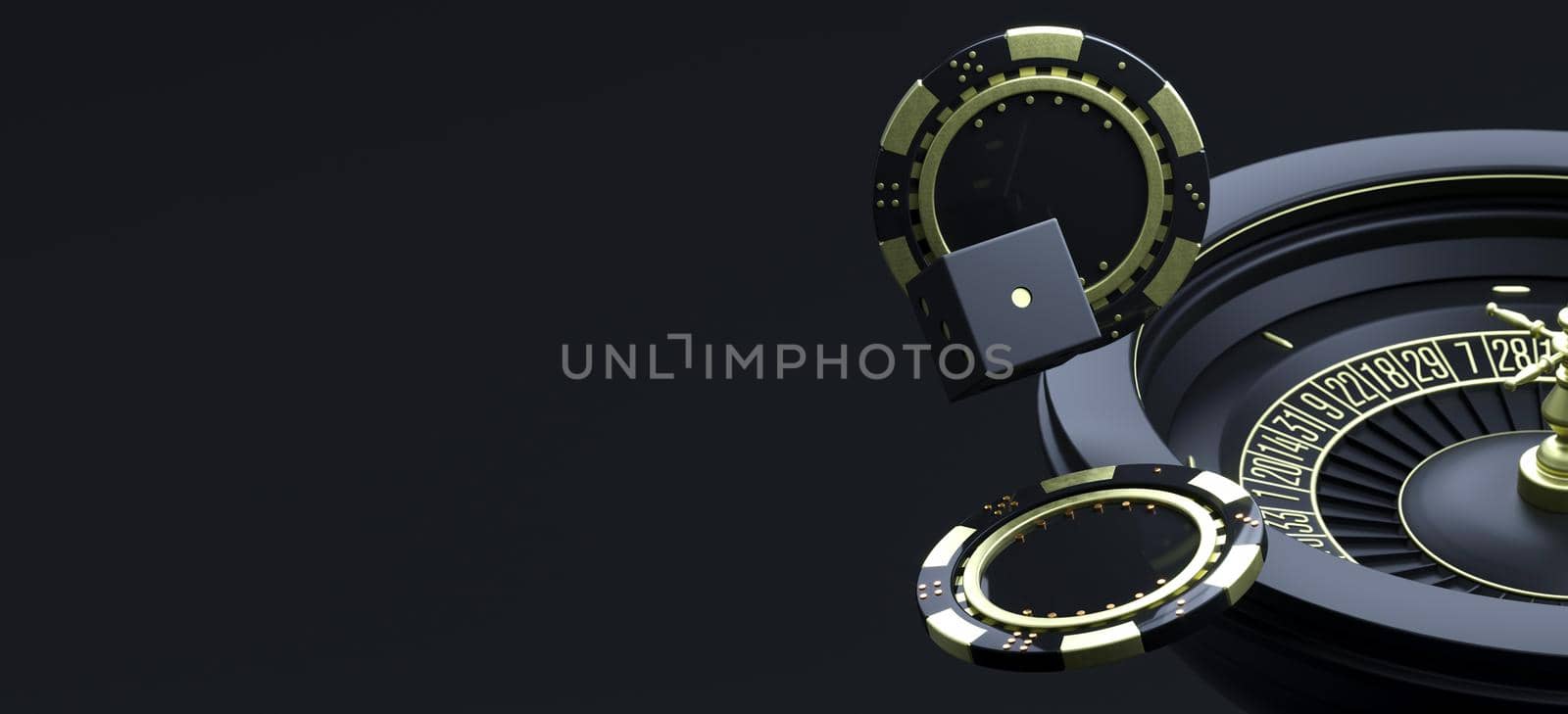 Modern casino background with place for text. Luxury casino roulette wheel on black background with copy space. Online casino theme. Poker game table. 3d rendering. by Dvorak