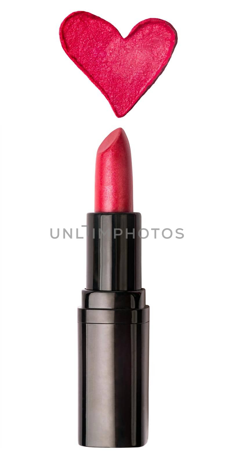 Red lipstick with a lipstick heart shape stroke isolated on a white background. Cosmetics concept