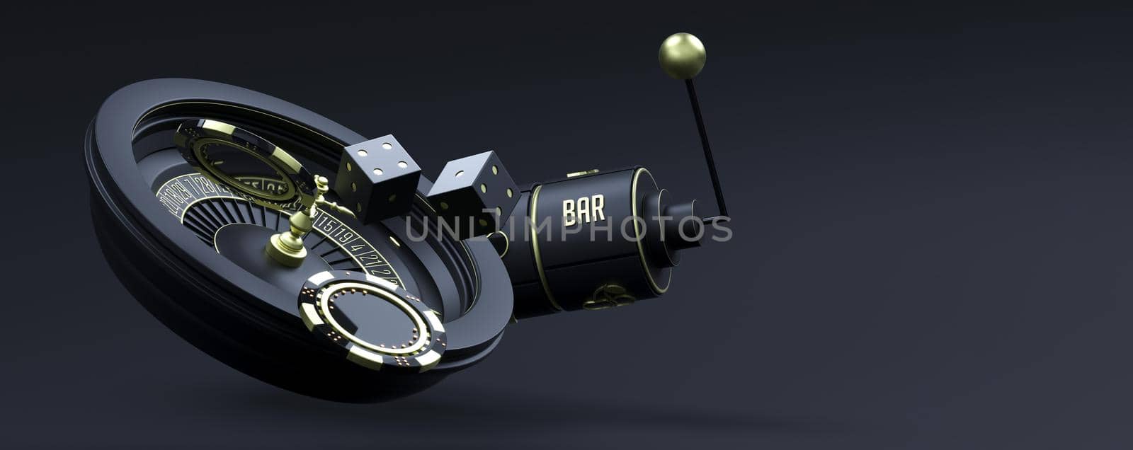 Modern casino background with place for text. Luxury casino roulette wheel on black background with copy space. Online casino theme. Poker game table. 3d rendering. by Dvorak