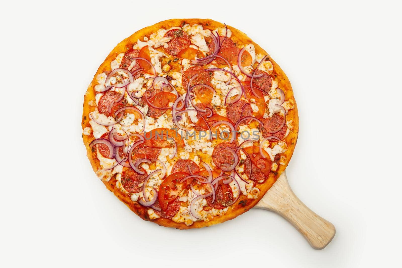 Delicious Rustic pizza. Signature sauce, mozzarella cheese, pepperoni, chicken fillet, tomatoes, red onion. Close-up. Advertising flyer and poster for restaurants. With copy space for text