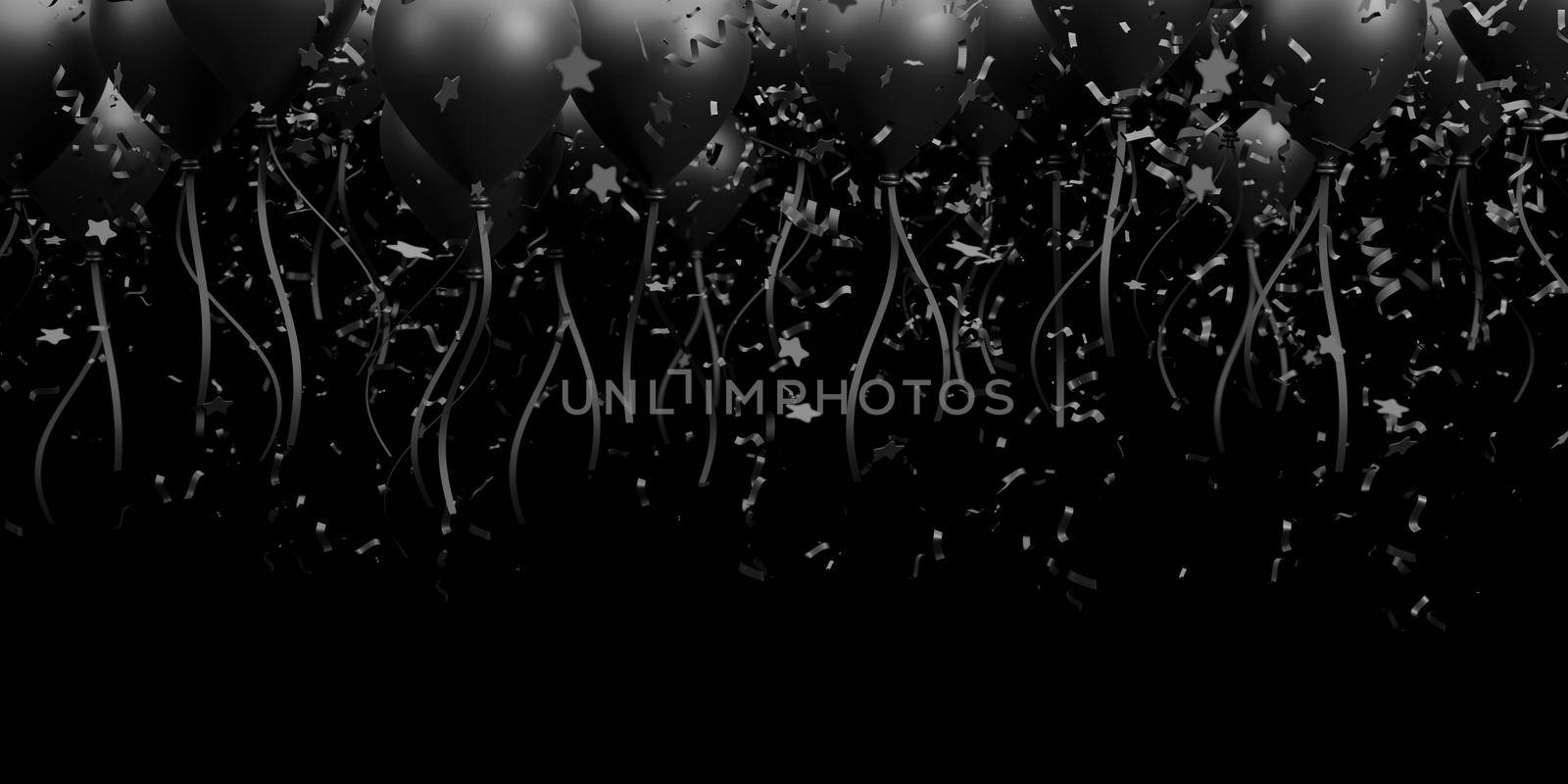 Black friday sale design of balloon with confetti on black background 3D render by Myimagine