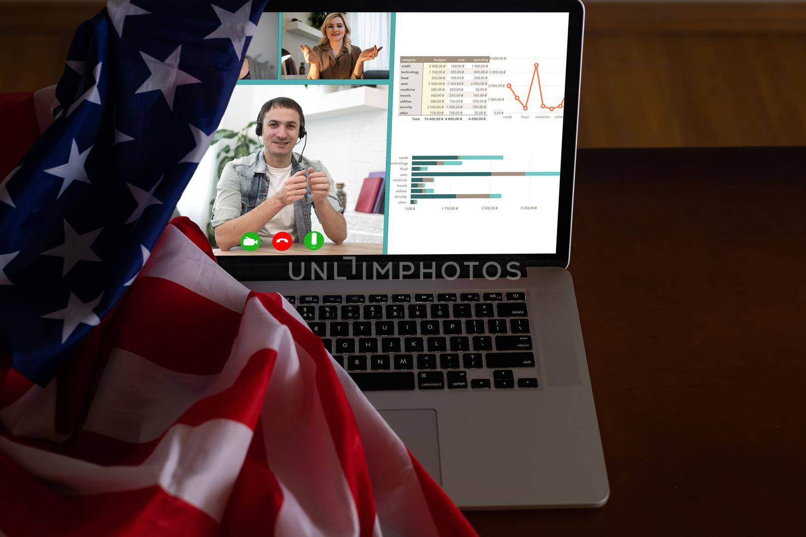 laptop with video chat, flag of the usa.