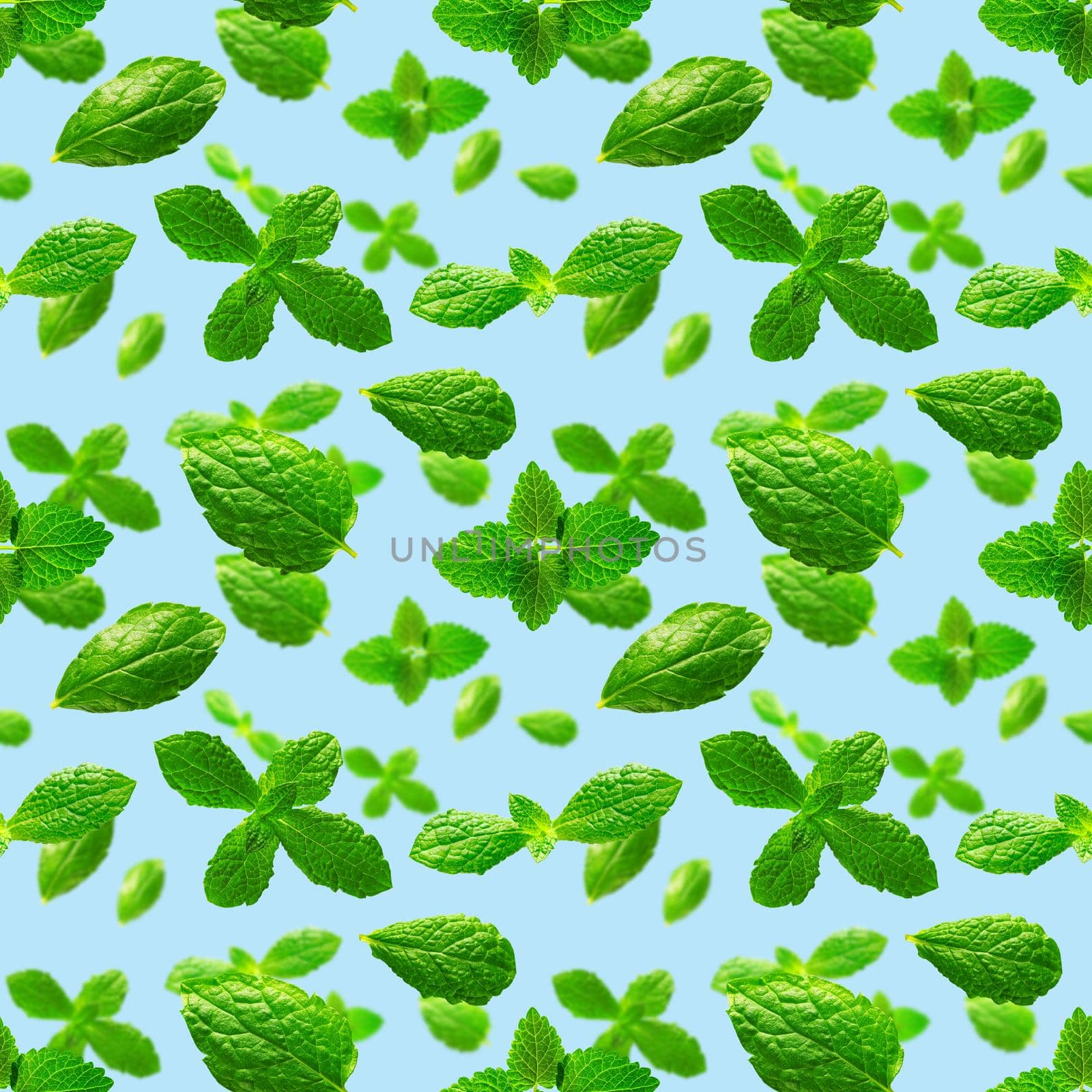Seamless pattern of fresh mint leaves on blue background for packaging design. peppermint abstract background.