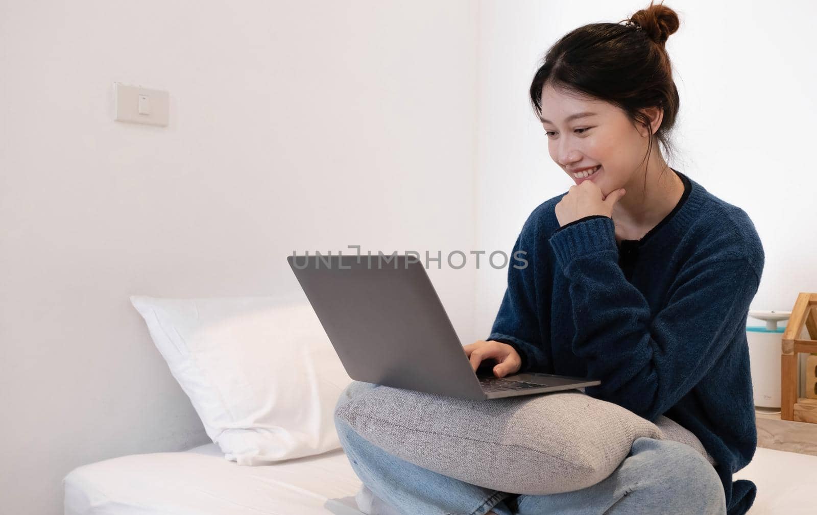 Portrait of young asian woman resting with laptop at home, sitting on couch in modern living room..