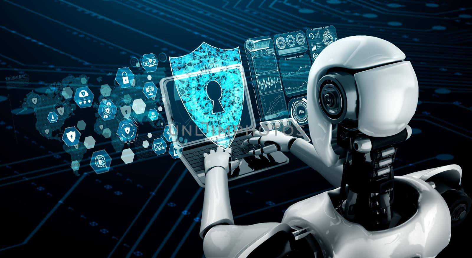 AI robot using cyber security to protect information privacy . Futuristic concept of cybercrime prevention by artificial intelligence and machine learning process . 3D rendering illustration .