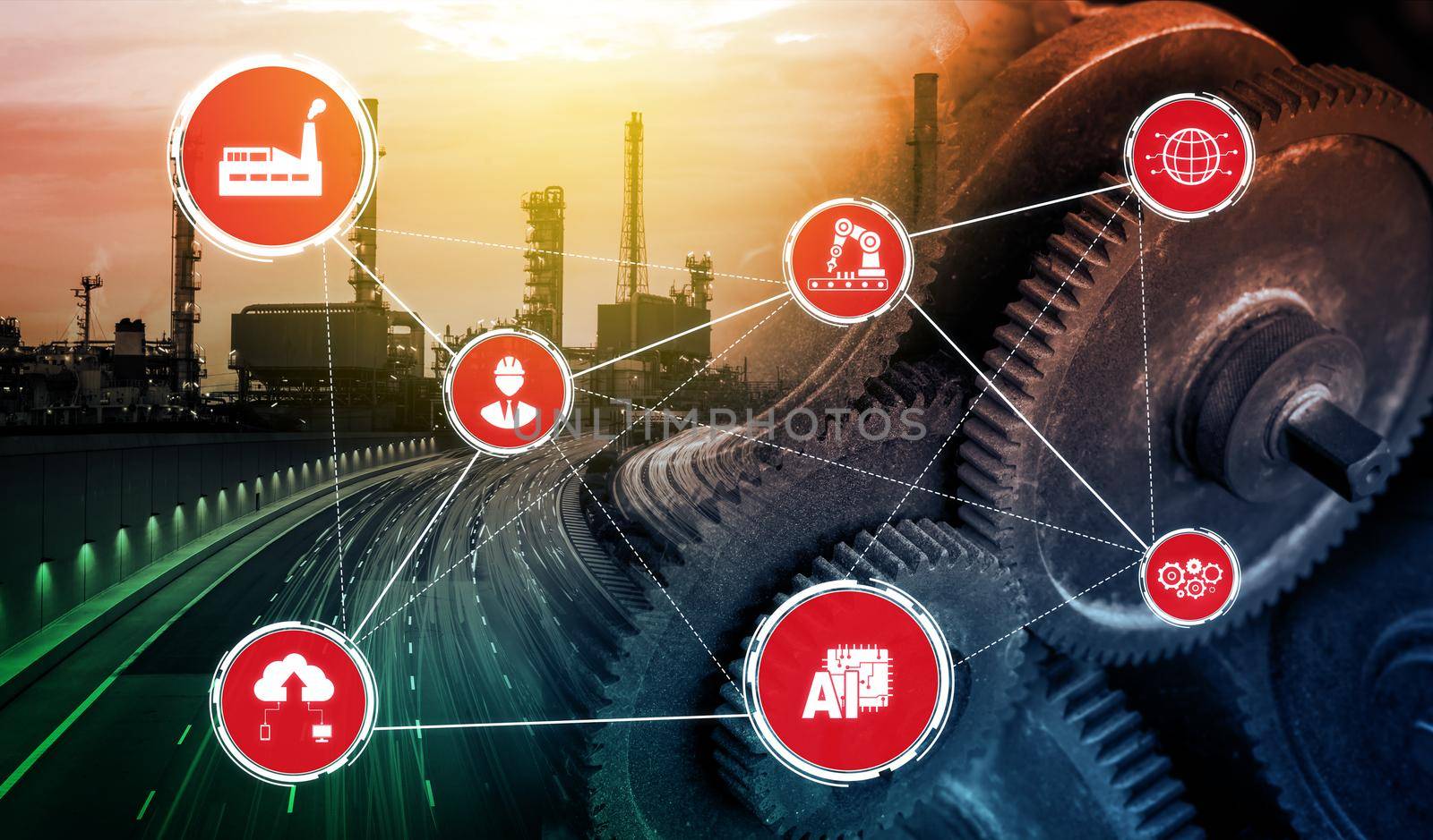 Industry 4.0 technology concept - Smart factory for fourth industrial revolution with icon graphic showing automation system by using robots and automated machinery controlled via internet network .