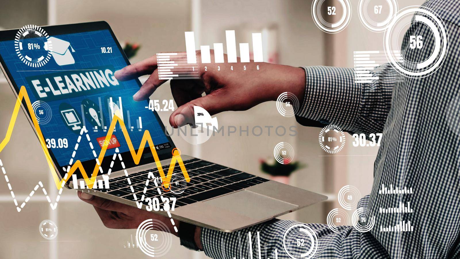 E-learning and Online Education for Student and University conceptual . Graphic interface showing technology of digital training course for people to do remote learning from anywhere.