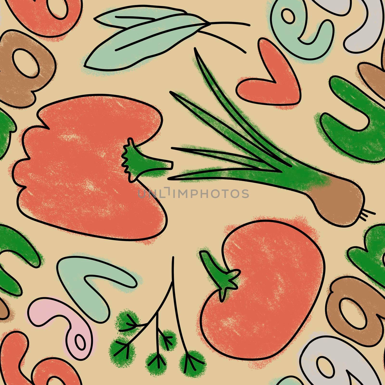 Hand drawn seamless pattern with vegetables veggies vegan vegetarian design. Tomato potato carrot cabbage leek onion bell papper fabric print. Retro vintage kitchen textile background, healthy food concept. by Lagmar