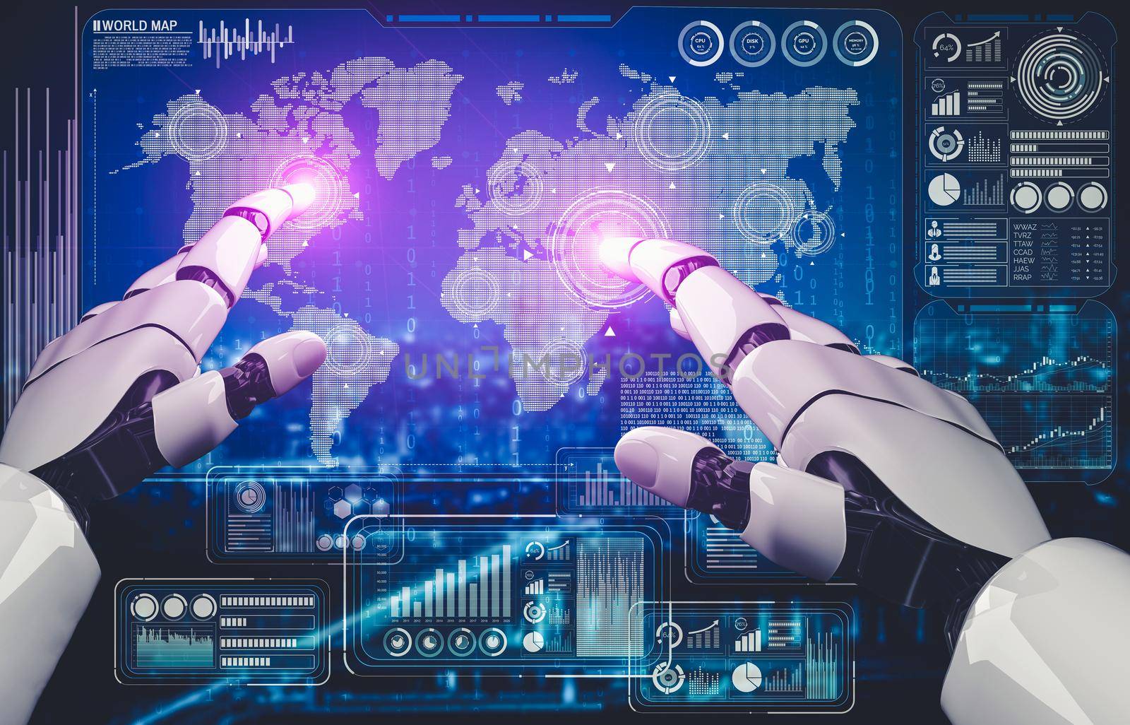 3D rendering artificial intelligence AI research of droid robot and cyborg development for future of people living. Digital data mining and machine learning technology design for computer brain.
