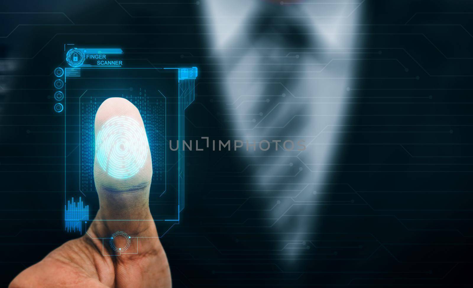 Fingerprint Biometric Digital Scan Technology. Graphic interface showing man finger with print scanning identification. Concept of digital security and private data access by use fingerprint scanner.