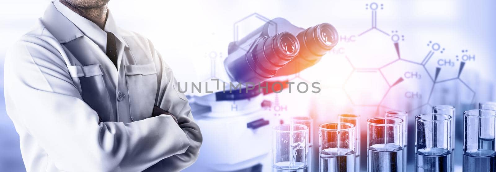 Research and development concept. Double exposure image of scientific and medical lab instrument, microscope, test tube and glass flask for microbiology and chemistry in laboratory for medicine study.