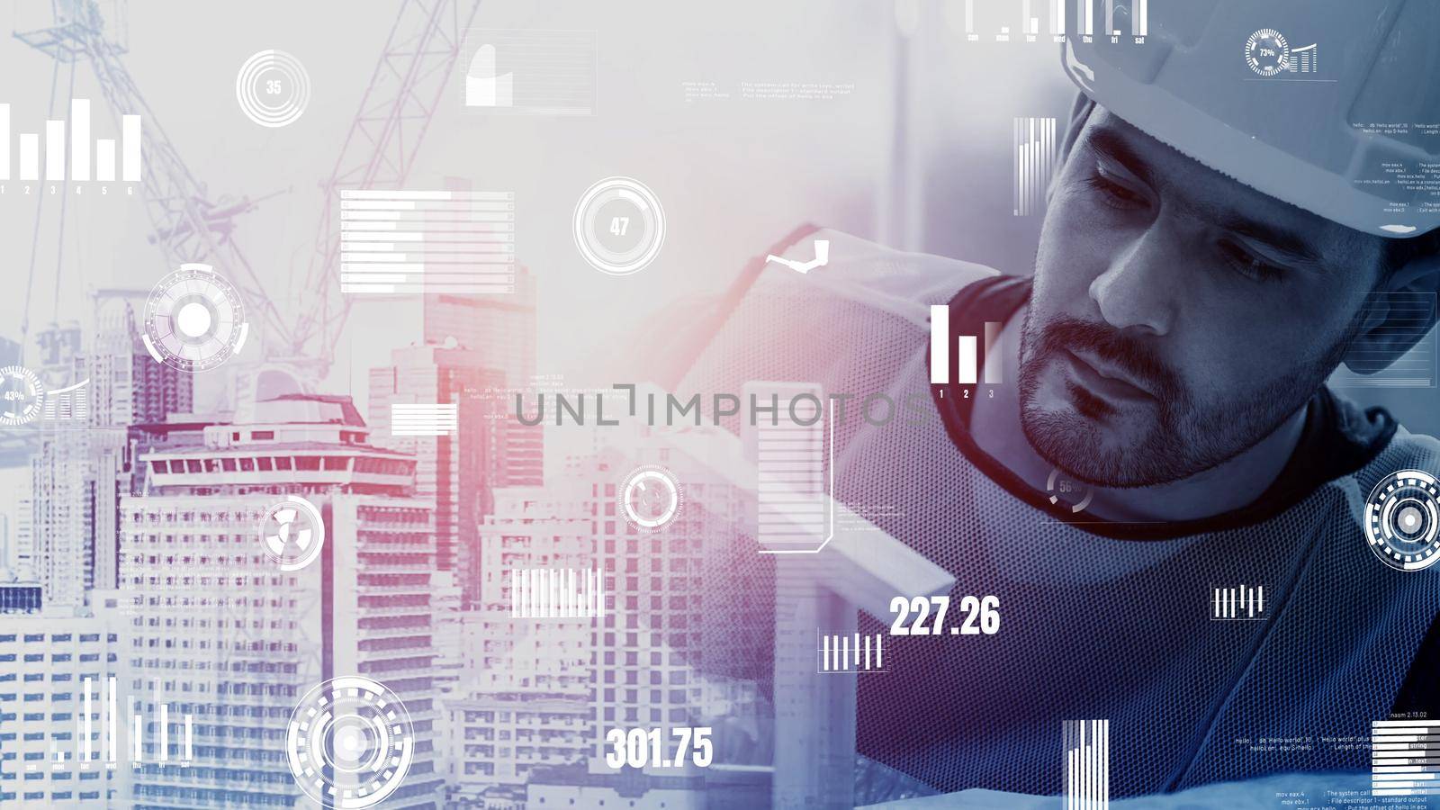 Future building construction and inventive engineering project concept with HUD hologram graphic design. Building engineer, architect people or construction worker works with modern civil technology.