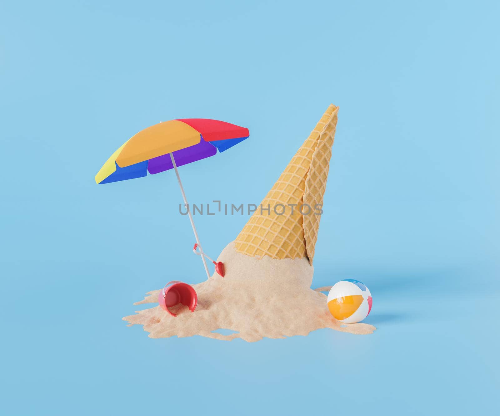 3d rendering of an ice cream cone with sand ball and beach toys around it on a blue studio background