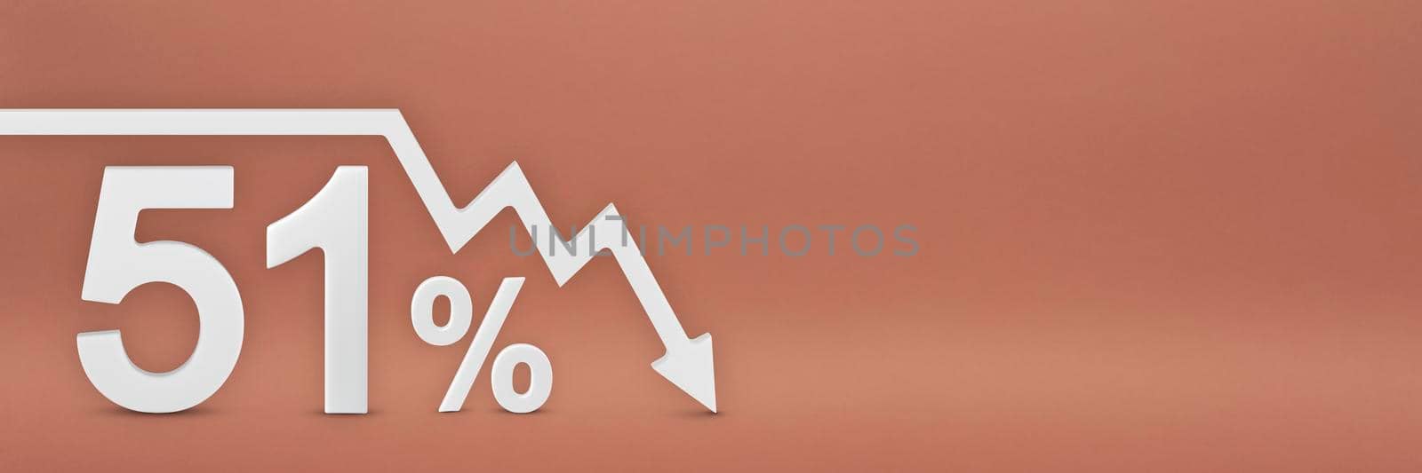 fifty-one percent, the arrow on the graph is pointing down. Stock market crash, bear market, inflation.Economic collapse, collapse of stocks.3d banner,51 percent discount sign on a red background