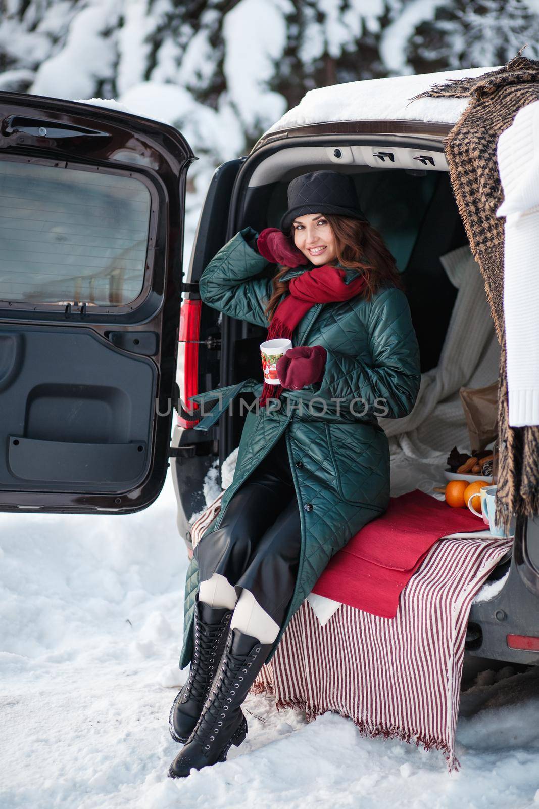 A girl sitting in a car in a winter forest. Outdoor recreation.