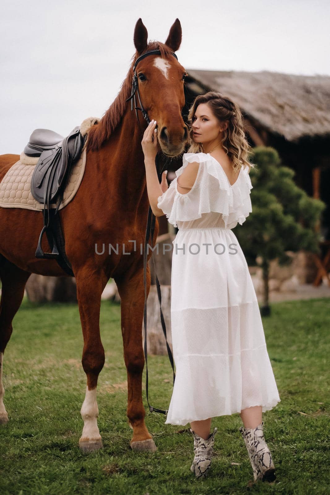 Beautiful girl in a white sundress next to a horse on an old ranch.