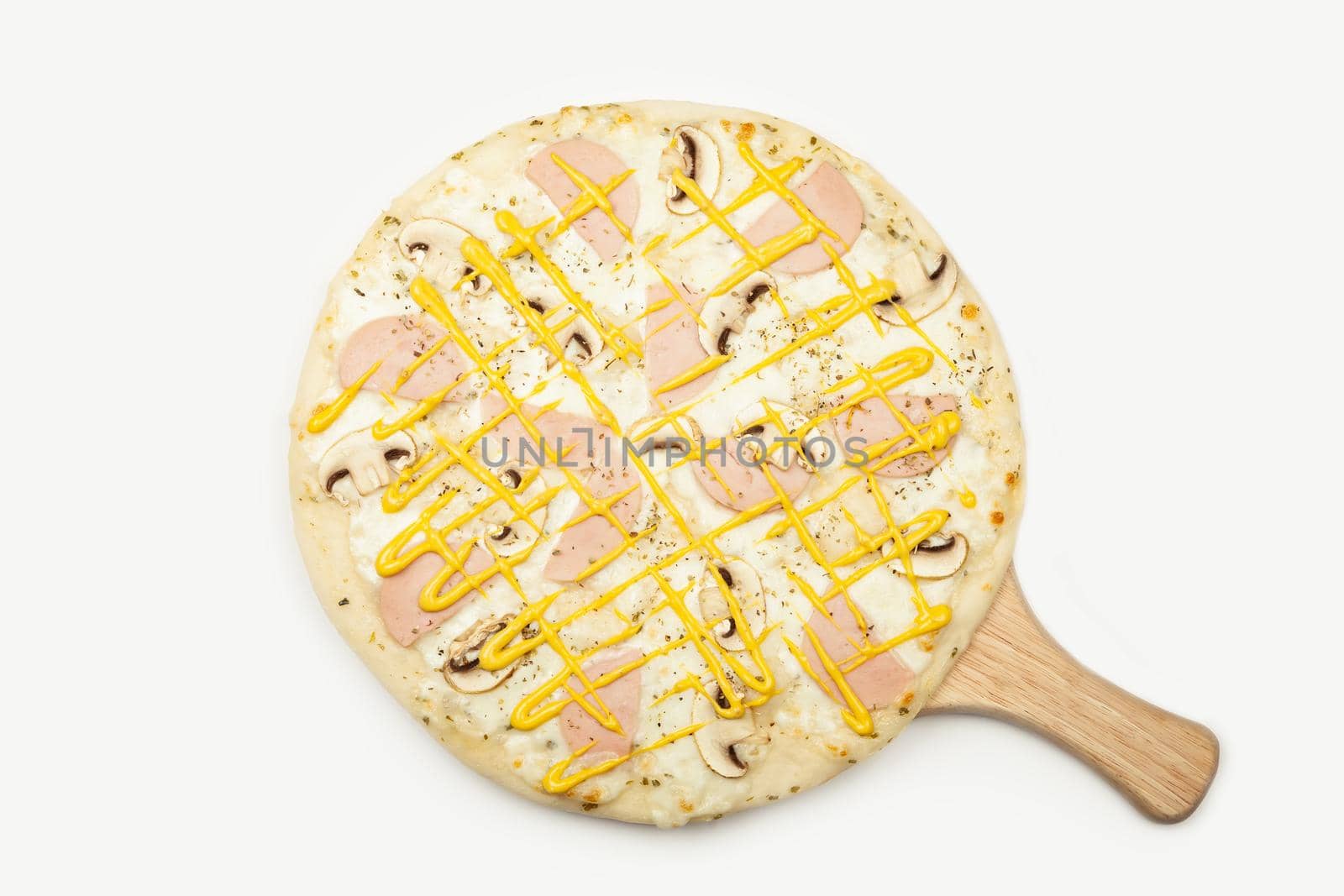 Delicious pizza Ham mushrooms served on a wooden plate, ingredients Signature sauce, mozzarella cheese, ham, mushrooms, mustard sauce on white. Pizzeria promotion poster.
