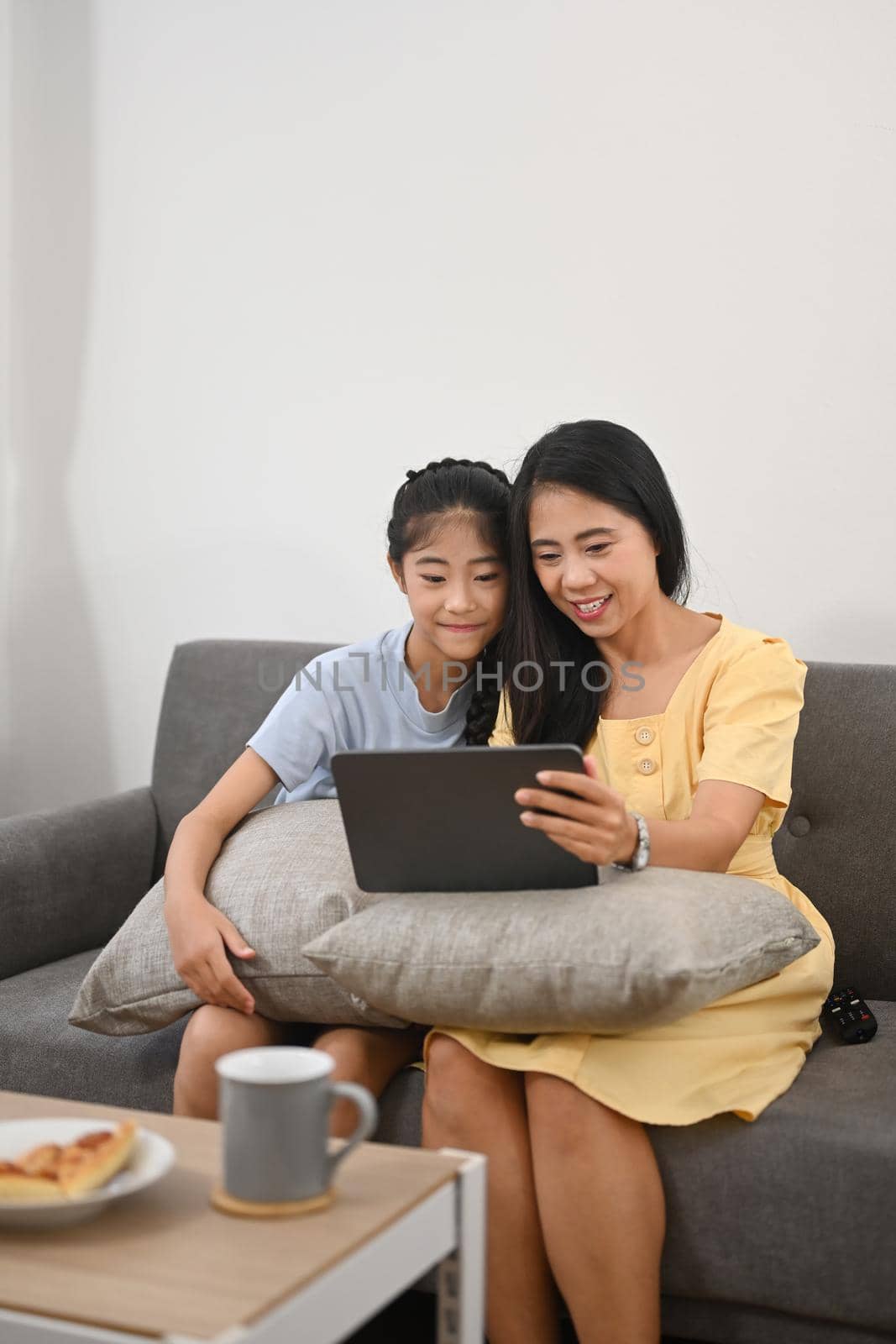 Loving asian mother and daughter surfing internet on digital tablet on sofa.