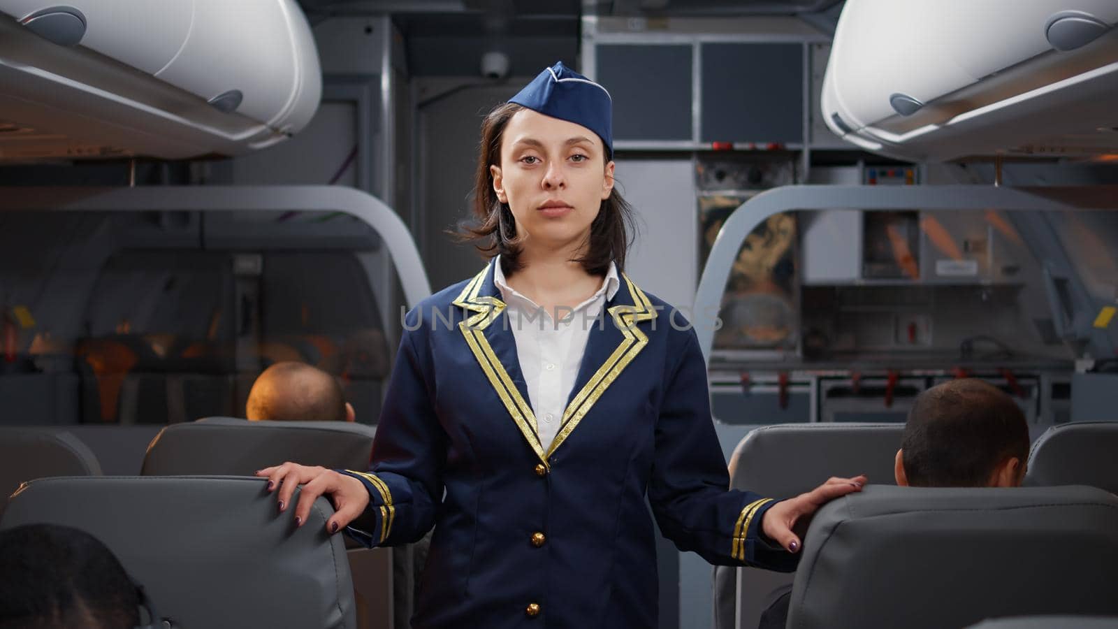 Portrait of woman stewardess in aviation uniform boarding people by DCStudio