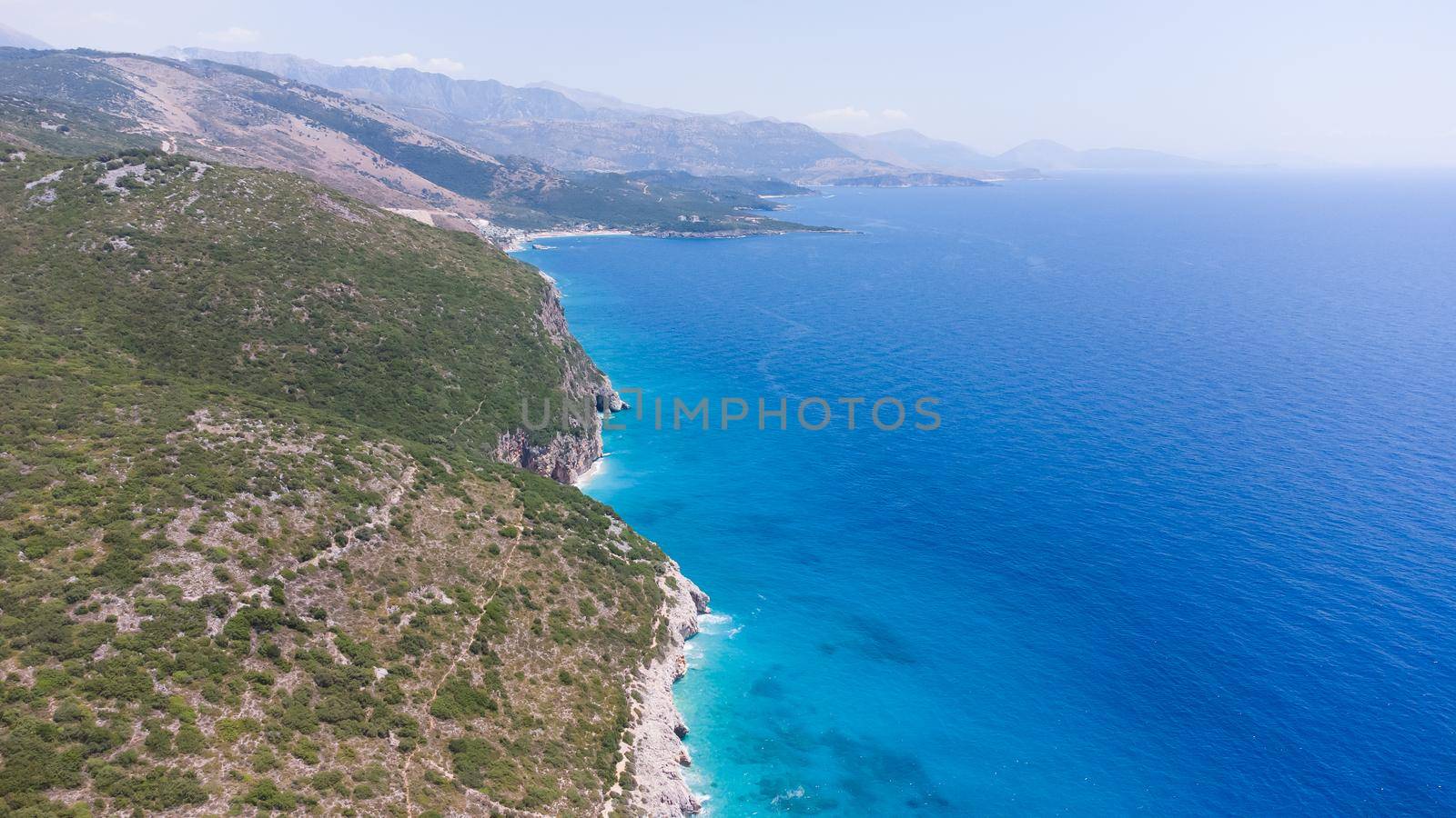 summer Ionian sea coast top view with beaches, Albania.