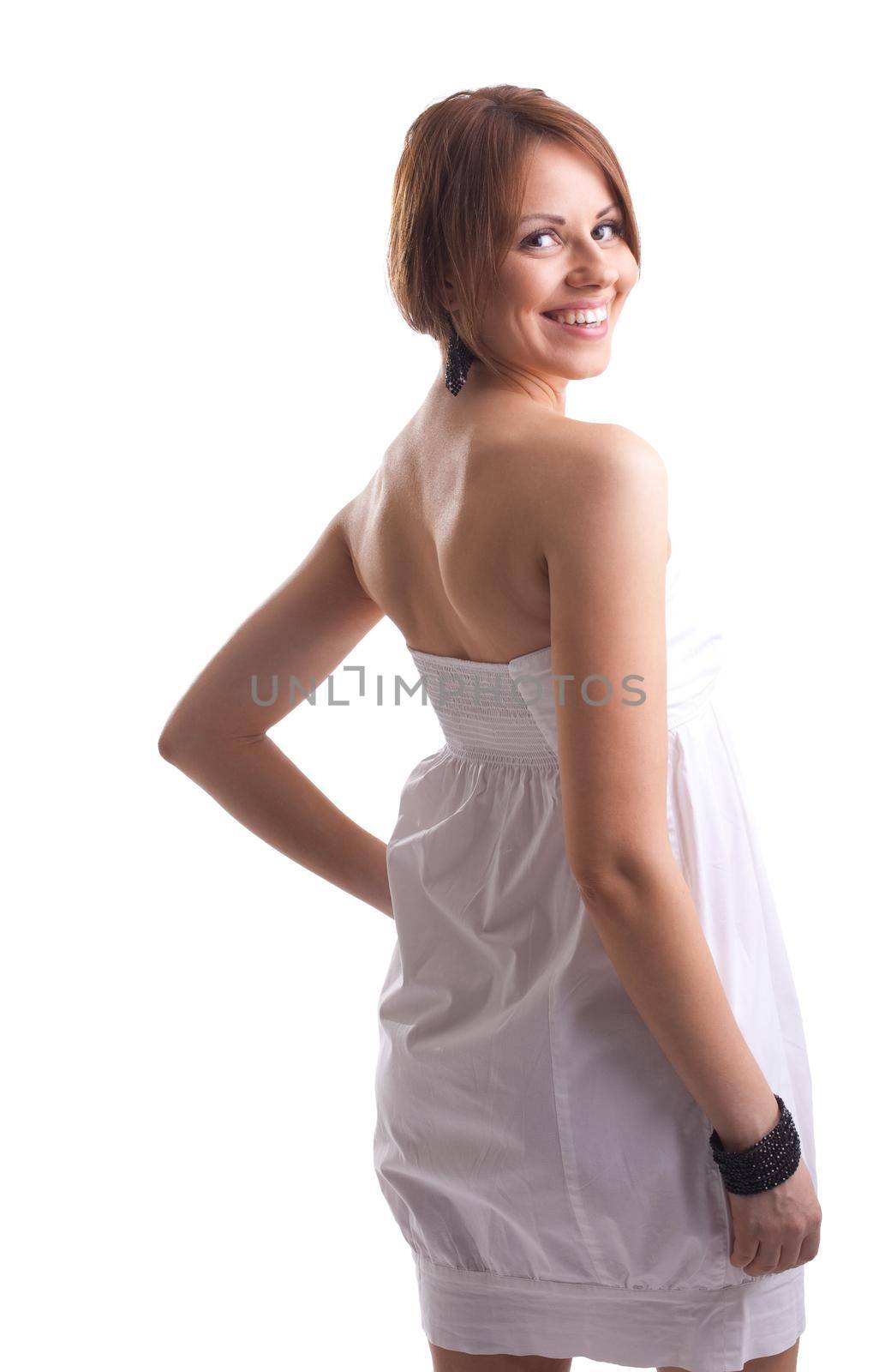 Beauty woman on white cloth look at you smile by rivertime