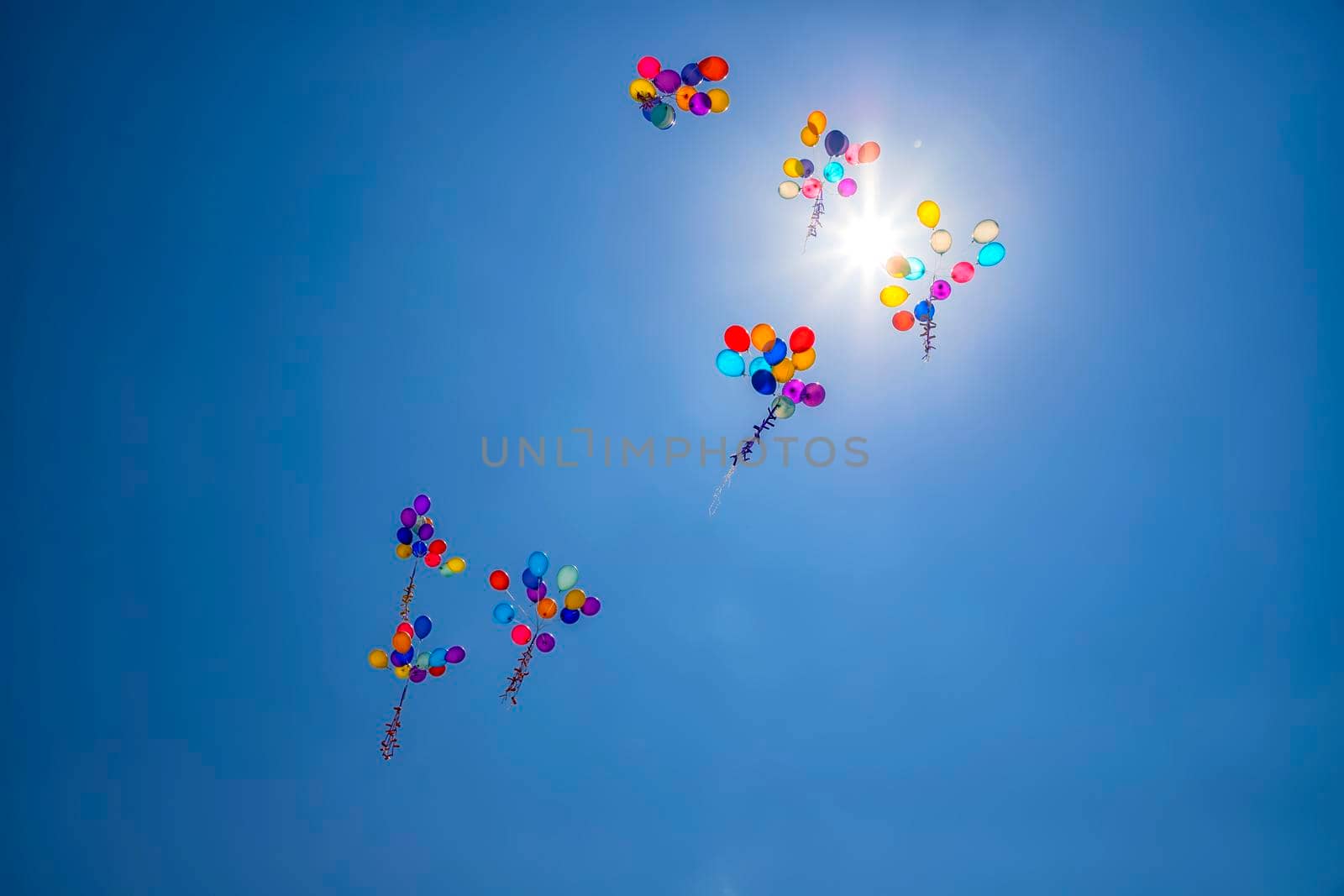 The multi colored helium balloons flying In the blue sky. the concept of a wedding, celebration, anniversary, entertainment