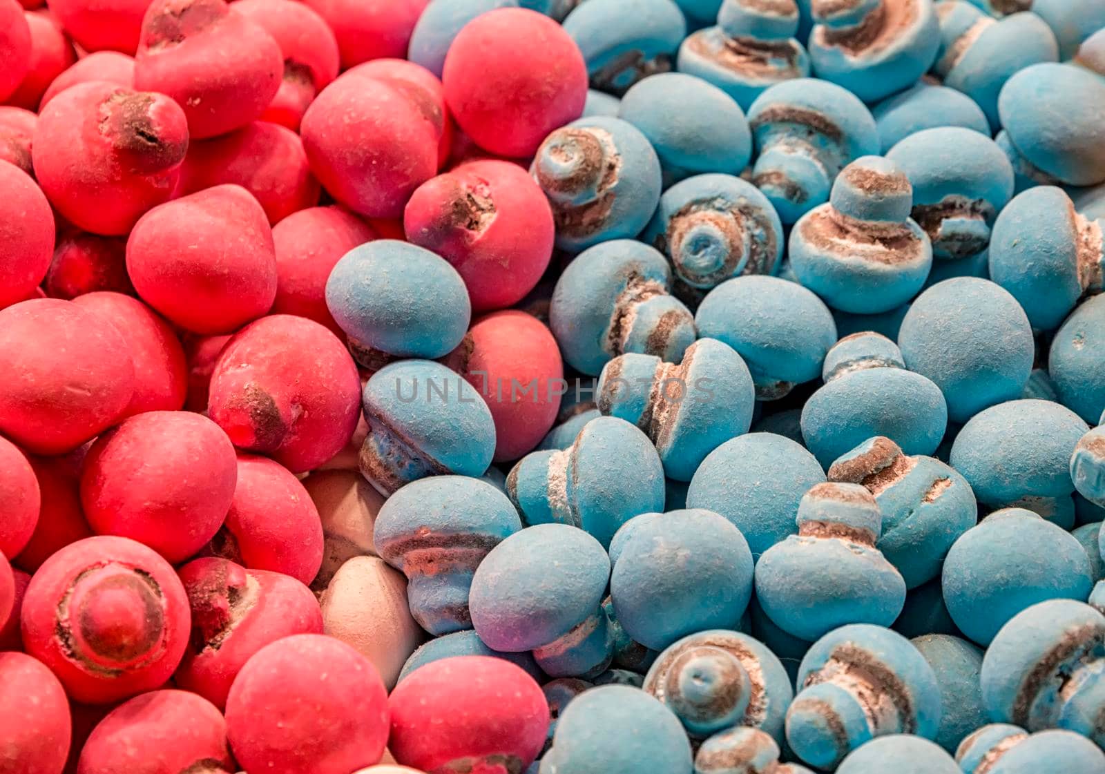 Many colored red and blue candies like a mushroom ready to eat. 