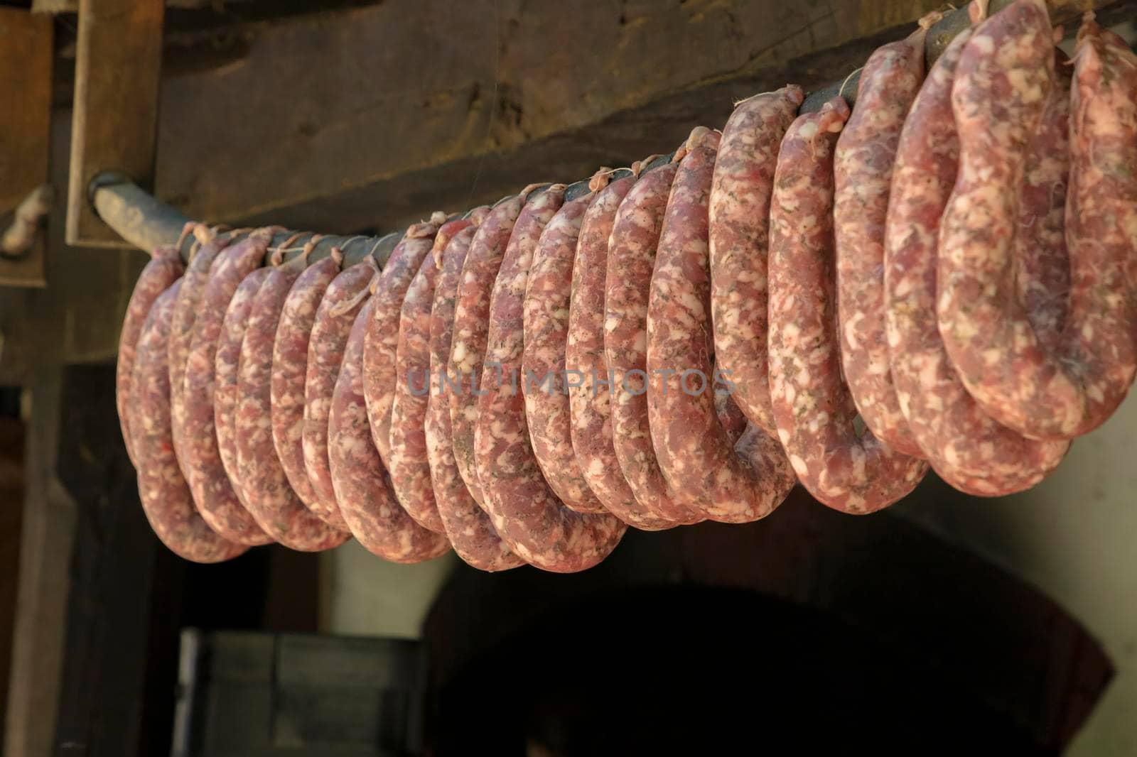 Handmade sausages hanging to dry, traditional food in Bulgaria