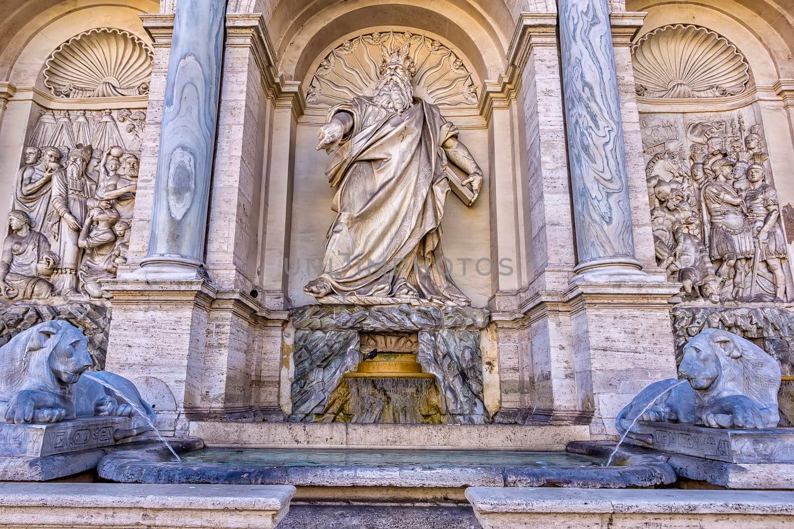 Rome, Italy - June 11, 2017; Rome, Italy, The Fontana dell'Acqua Felice, also called the Fountain of Moses (happy water fountain). Moses is depicted as indicating the water spring from the rock.