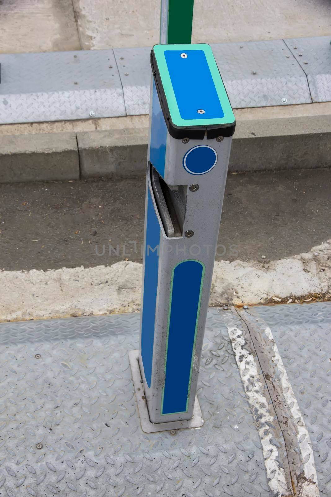 Empty bike sharing station. Modern blue bikes at city rental station on sunny day  by EdVal