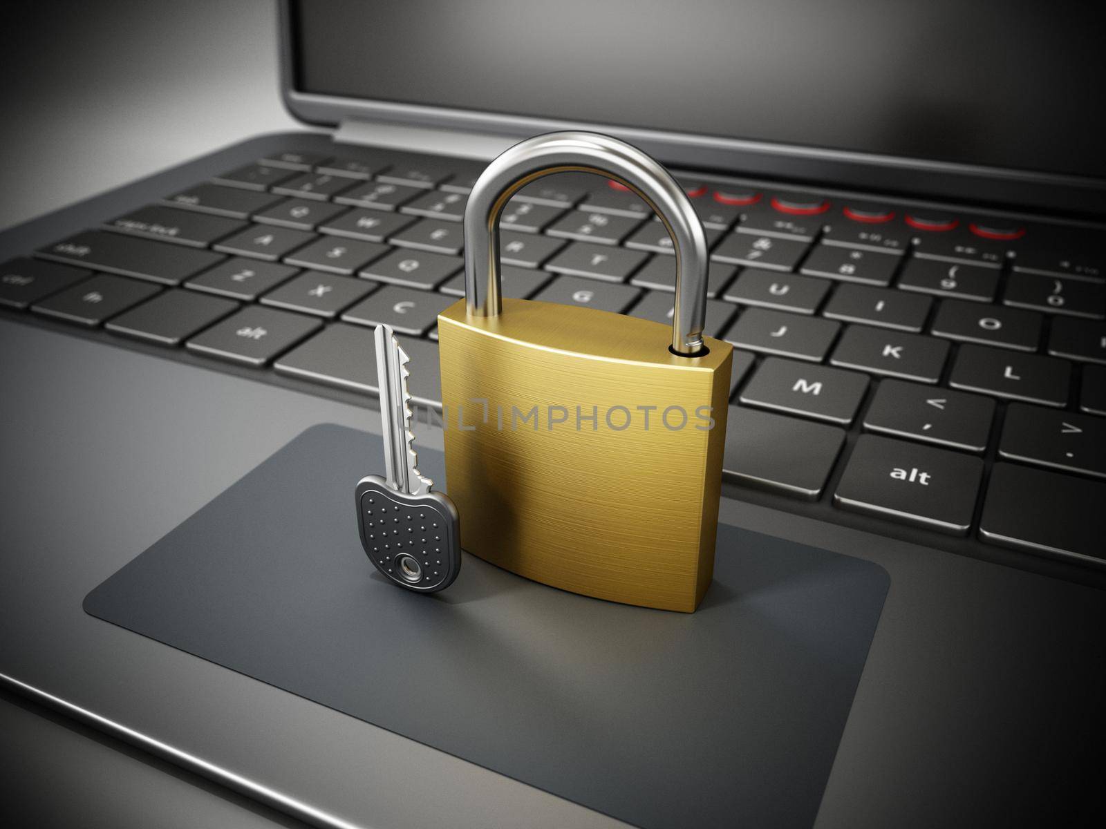 Padlock and key standing on laptop computer. 3D illustration by Simsek