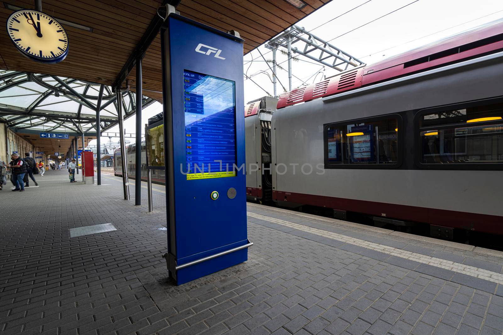 Luxembourg city, May 2022. view of the signs on the platform of the railway station