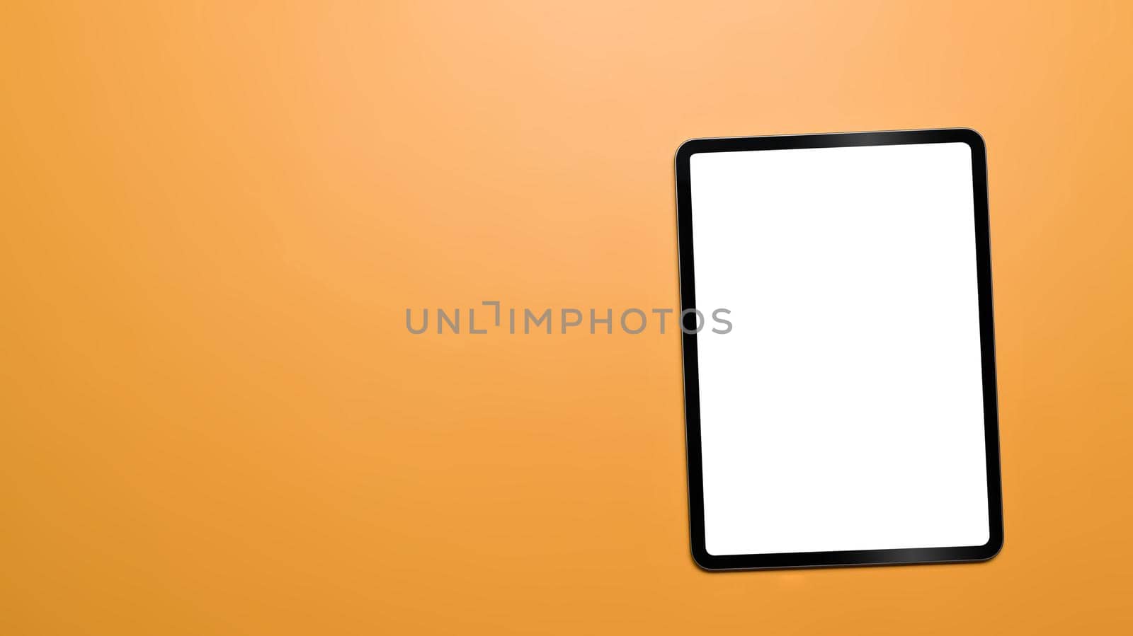 Mockup digital tablet with blank screen on yellow background with copy space. Top view, Flat lay.