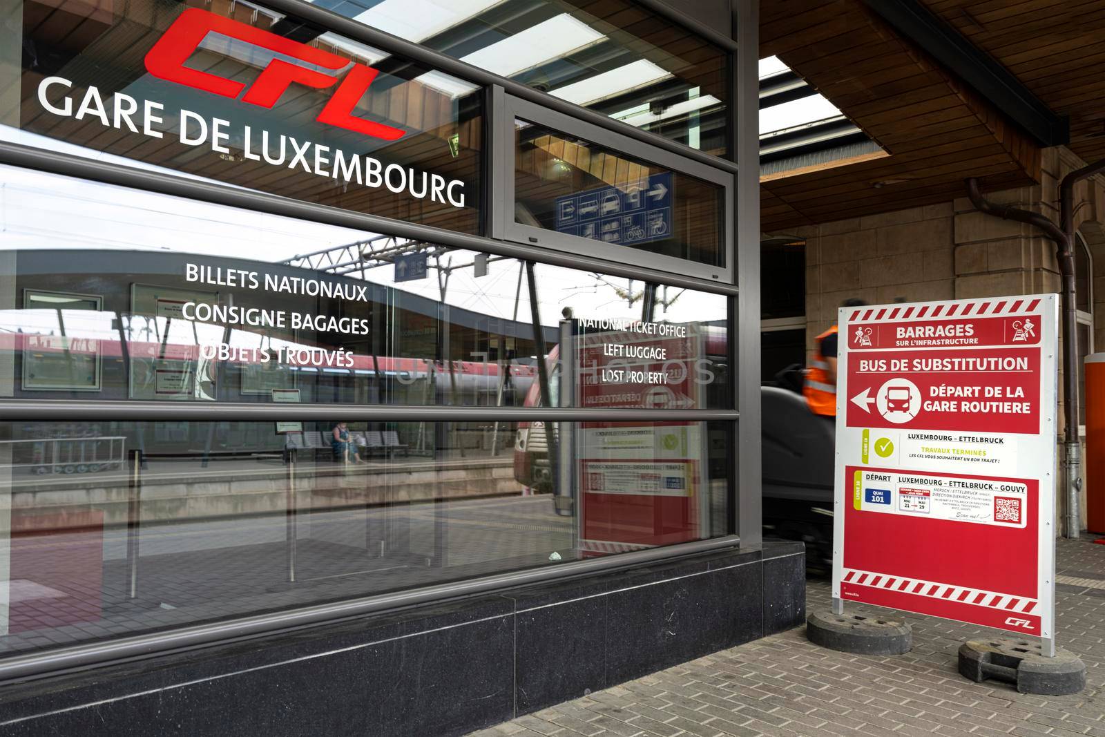 Luxembourg city, May 2022. view of the signs on the platform of the railway station