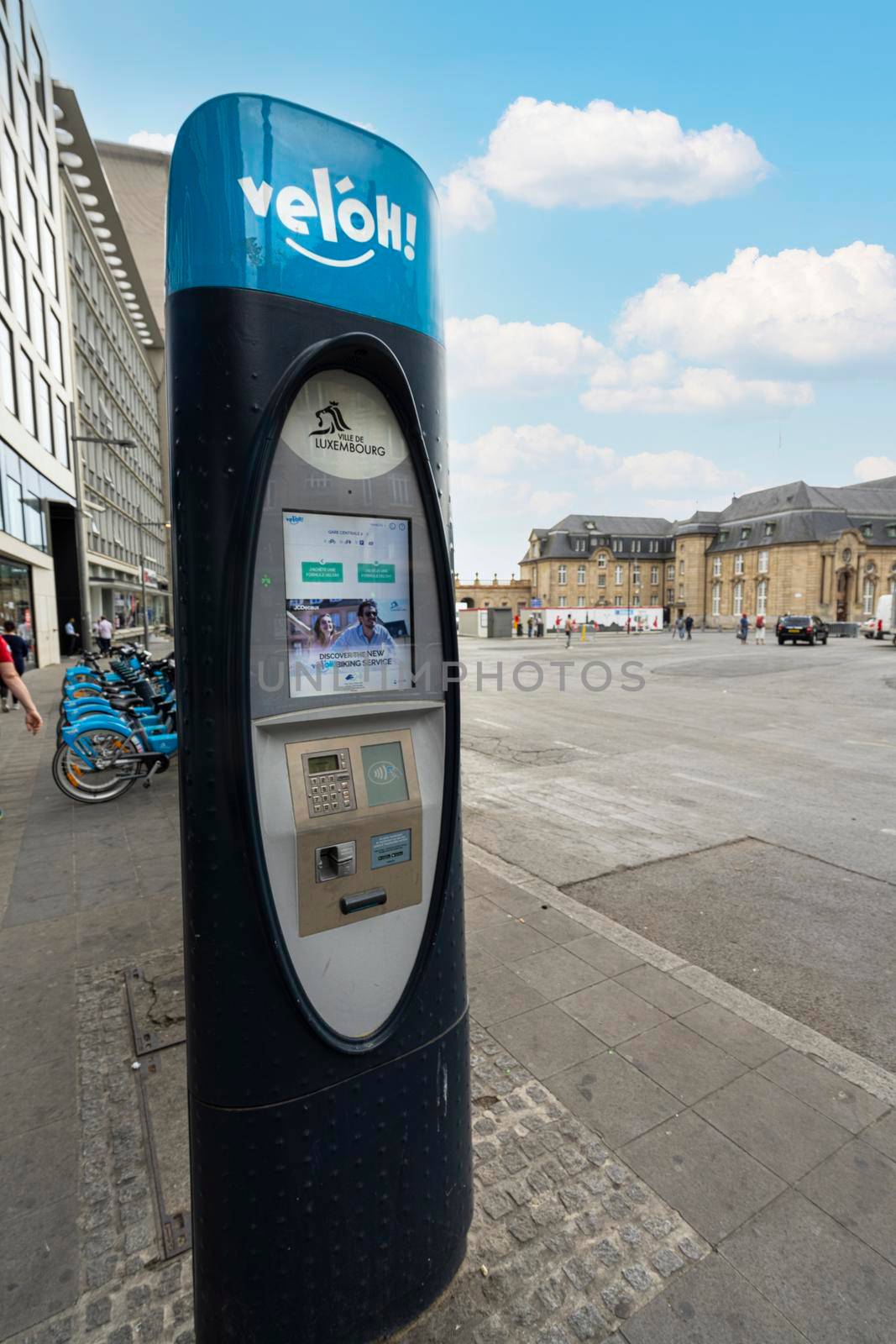 Luxembourg city, May 2022. the bicycle rental column in the city center