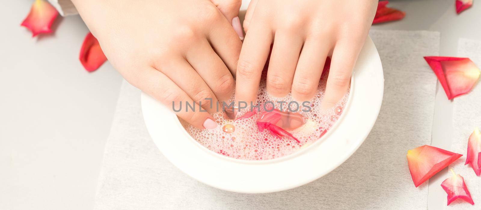 Top view of female hands receiving spa treatment in bowl with rose petals in beauty salon