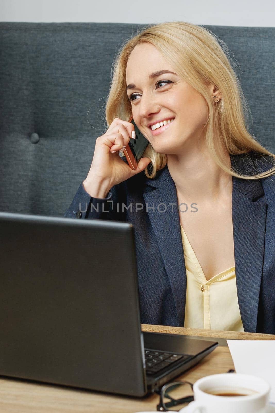 Young woman is talking by cell phone while working with laptop on sofa in home office.