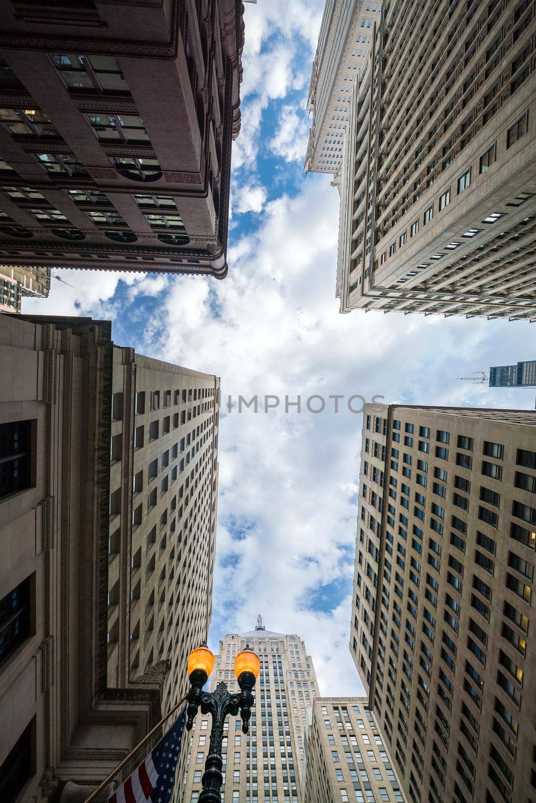 Looking up at Chicago's vintage building in financial district, IL, USA