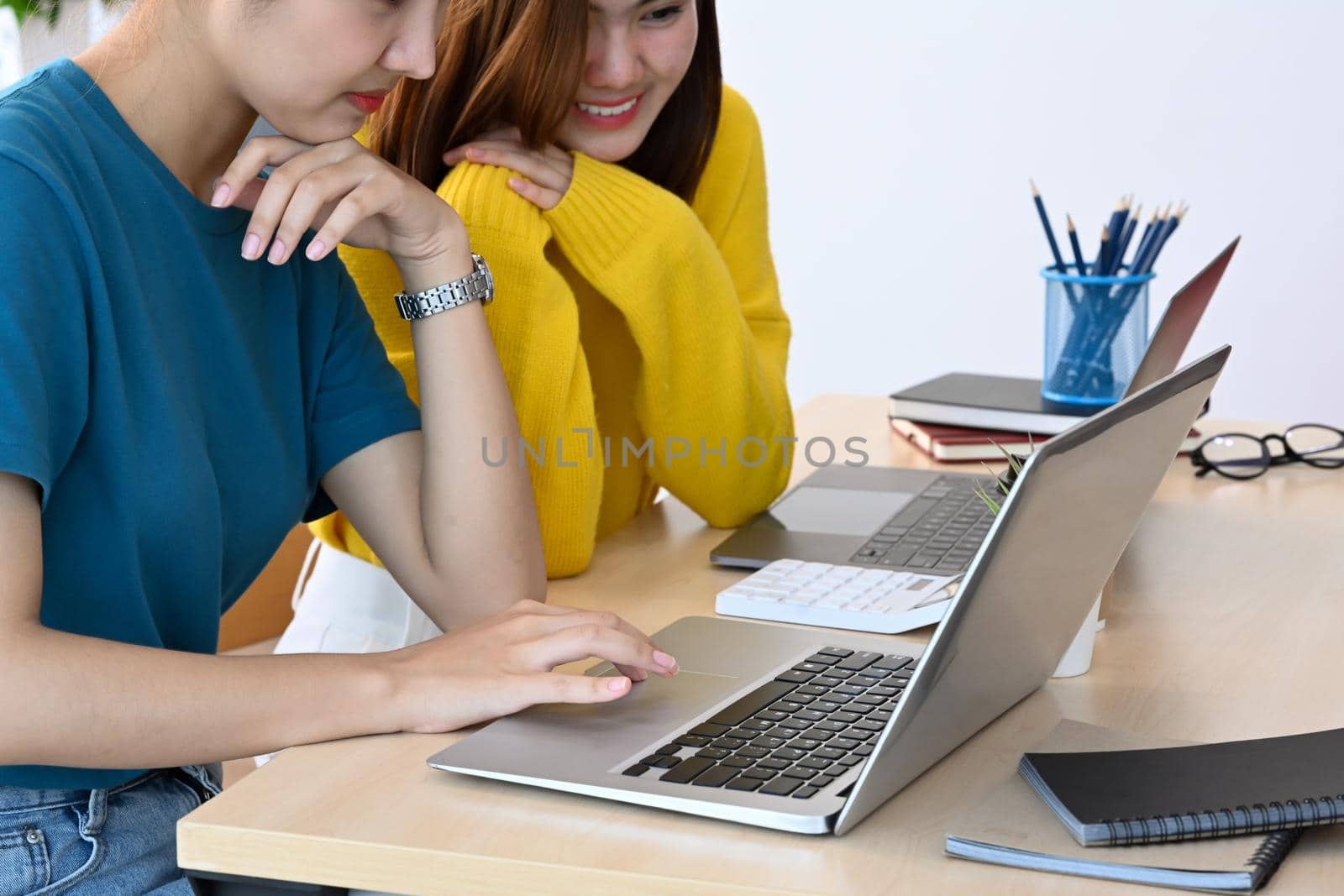 Smiling creative woman sharing information, discussing online project with colleague.