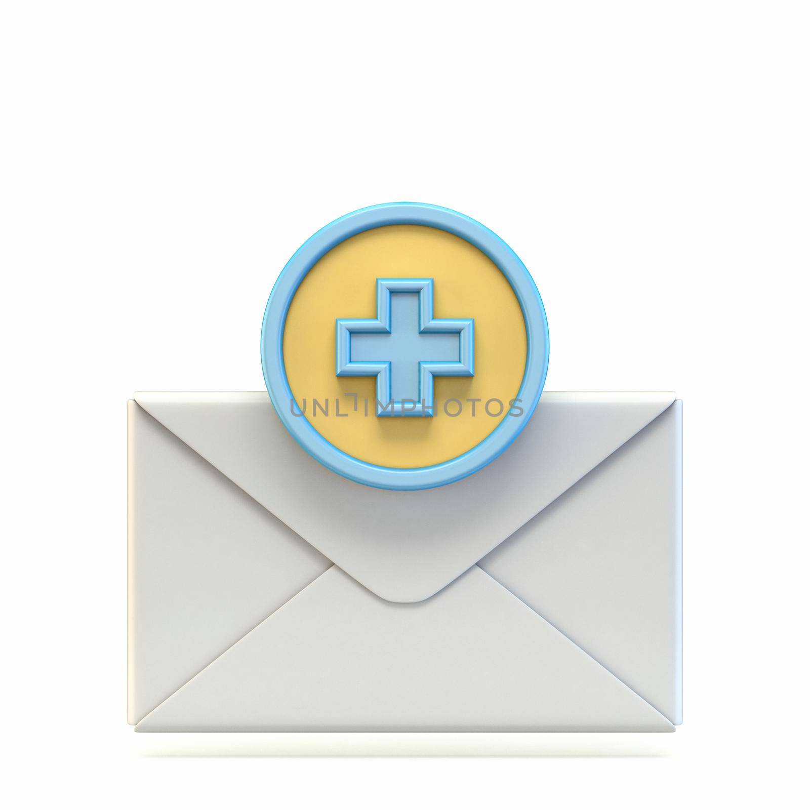 Mail icon with plus sign 3D render illustration isolated on white background