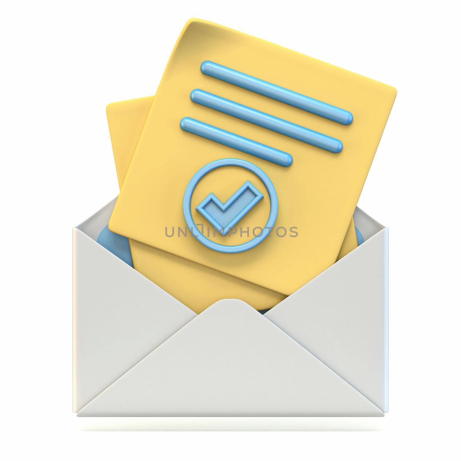 Mail icon opened envelope with check mark 3D render illustration isolated on white background