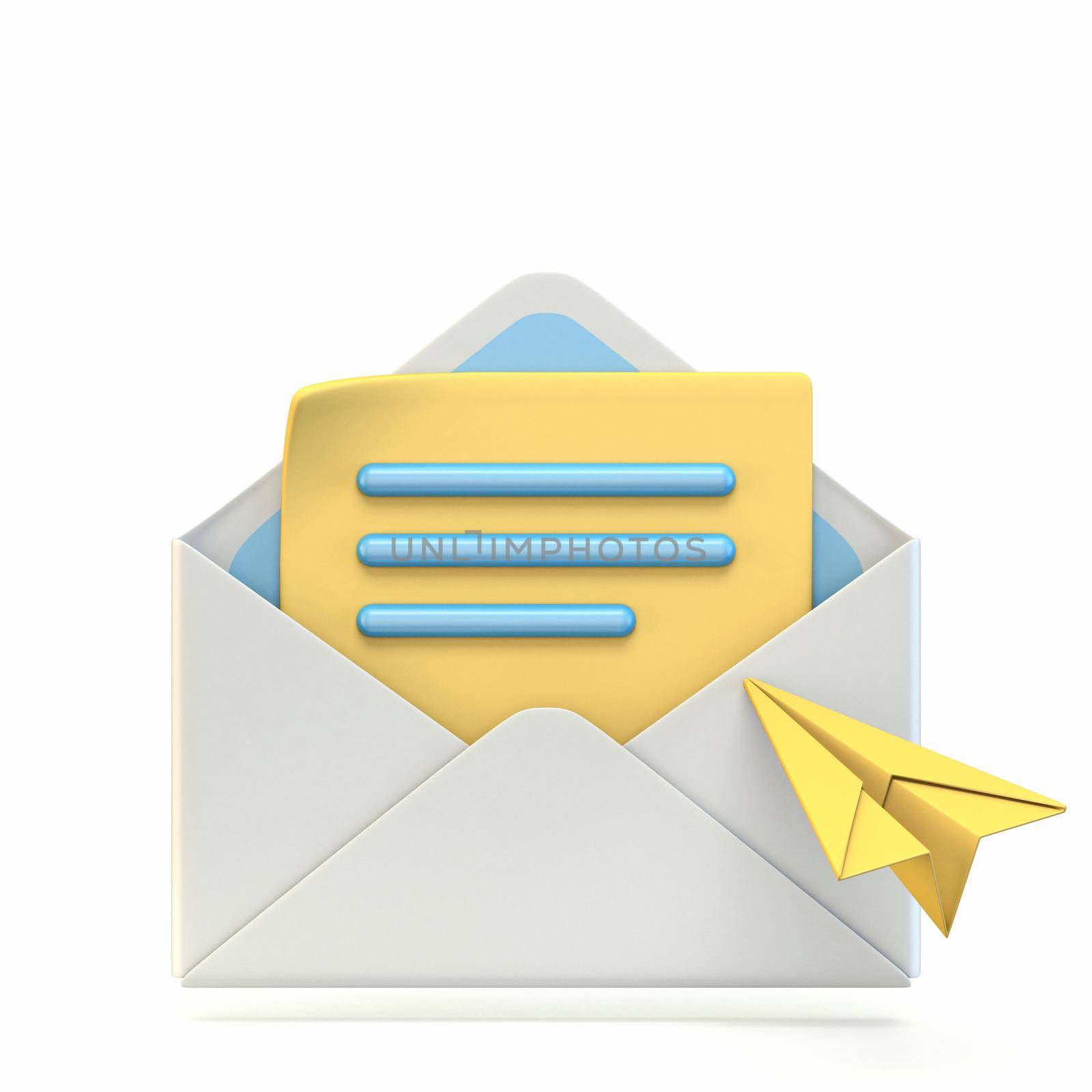 Mail icon with paper airplane 3D render illustration isolated on white background