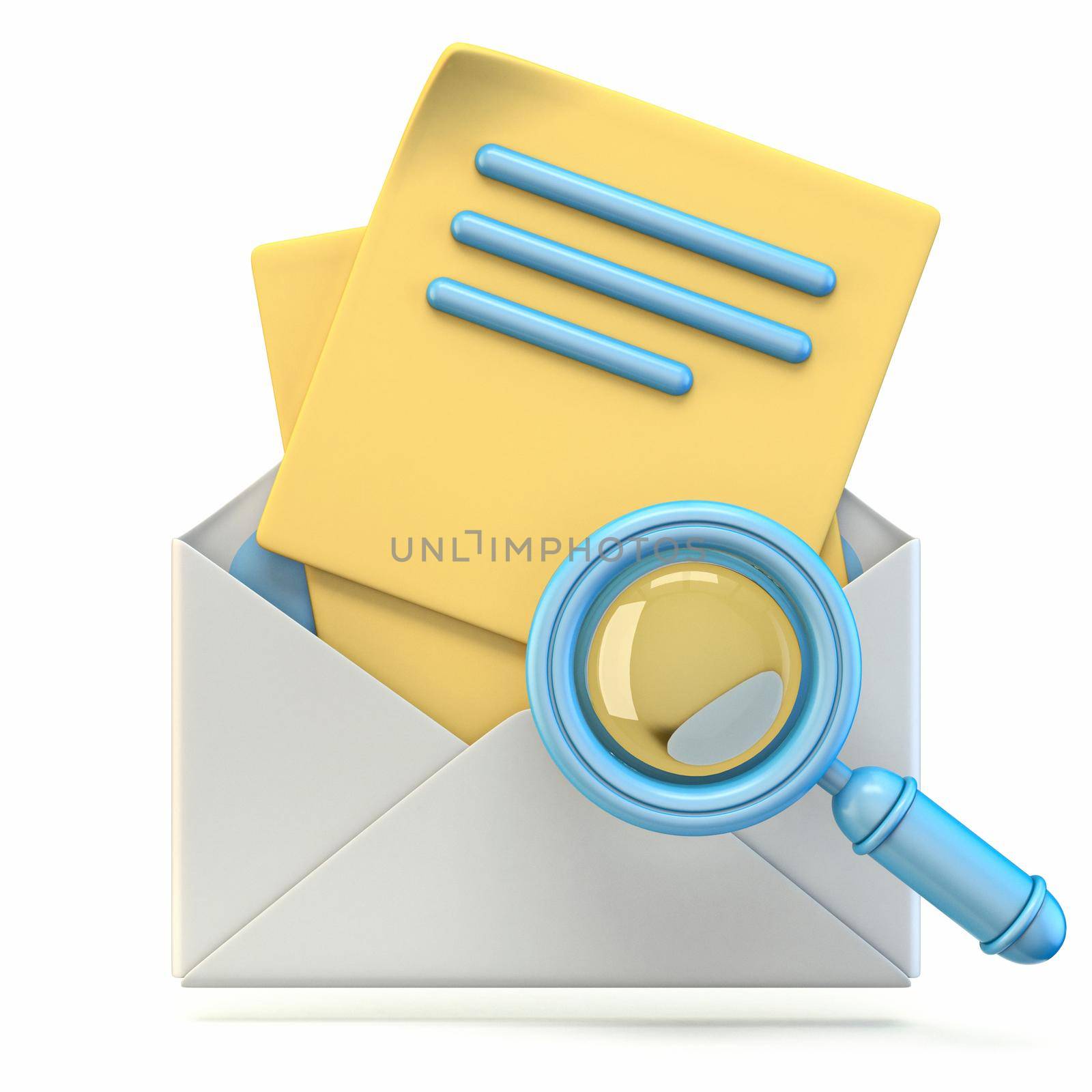 Mail icon with magnifying glass and documents pages 3D render illustration isolated on white background