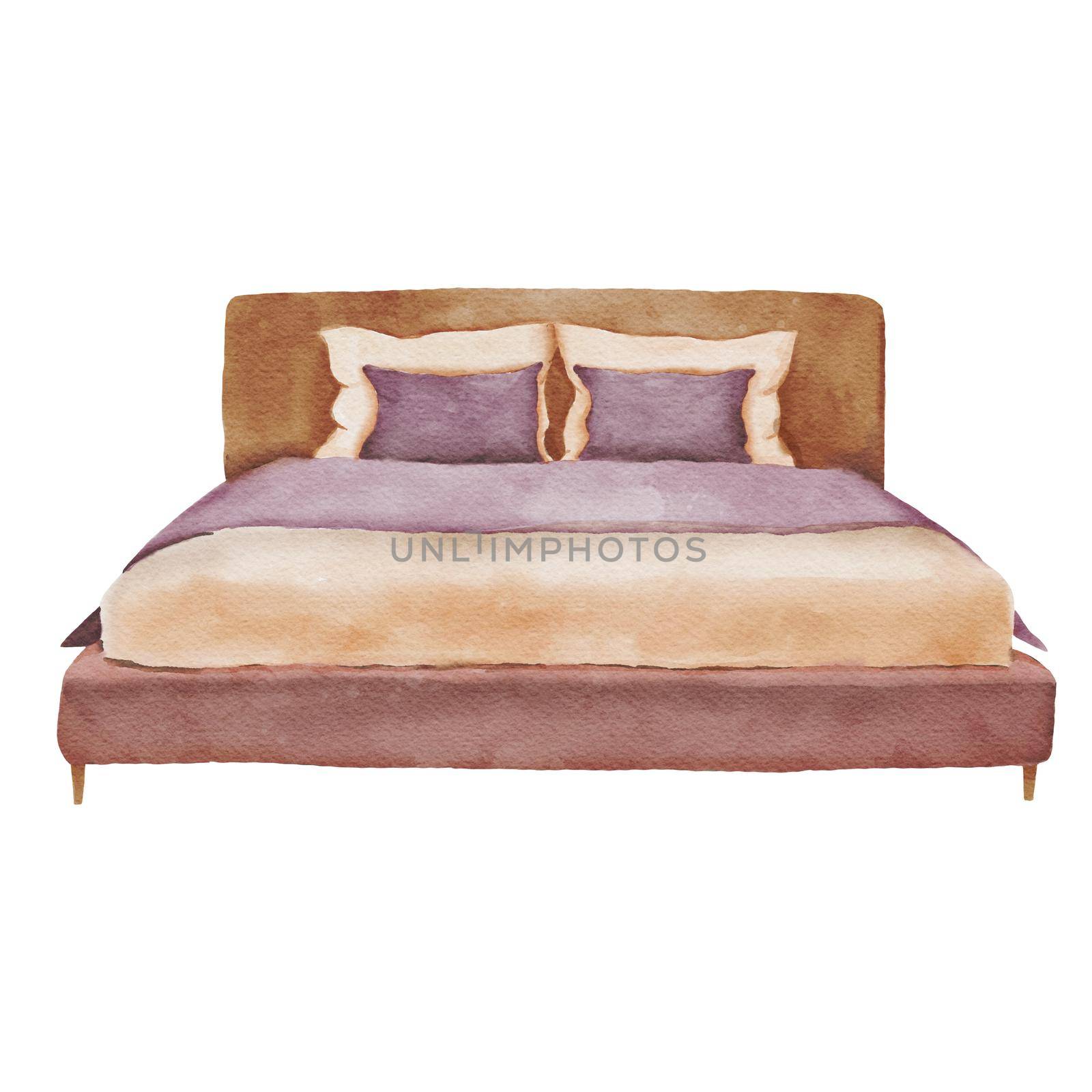 Watercolor hand painted bed. Furniture illustration isolated on white