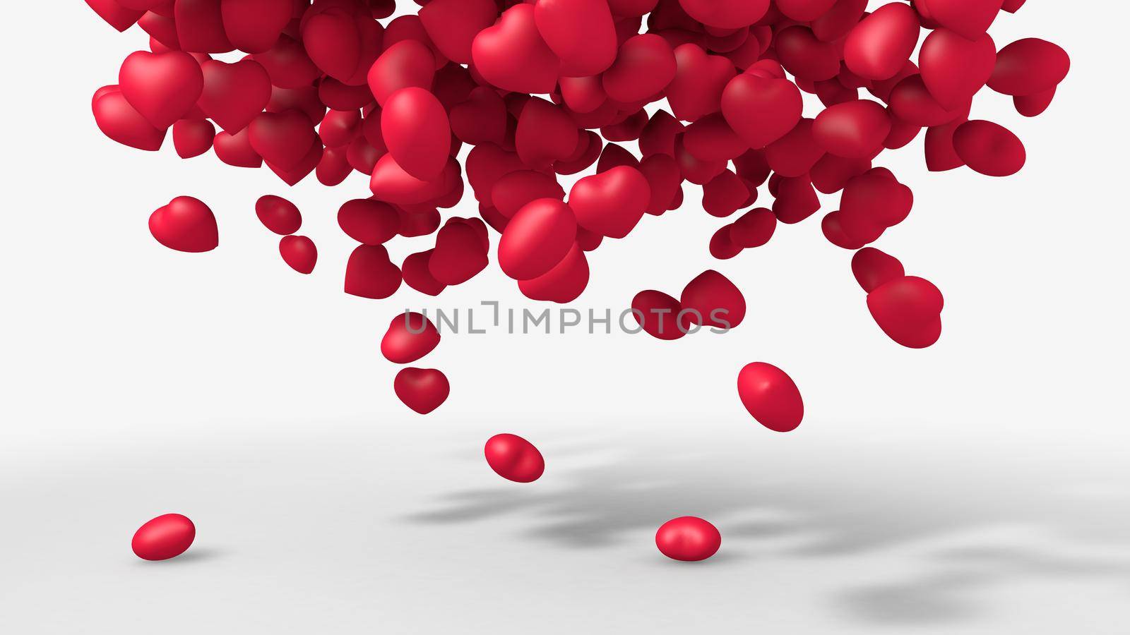 Many red hearts on a white background. Lots of likes. 3D rendering of a postcard with a red heart.