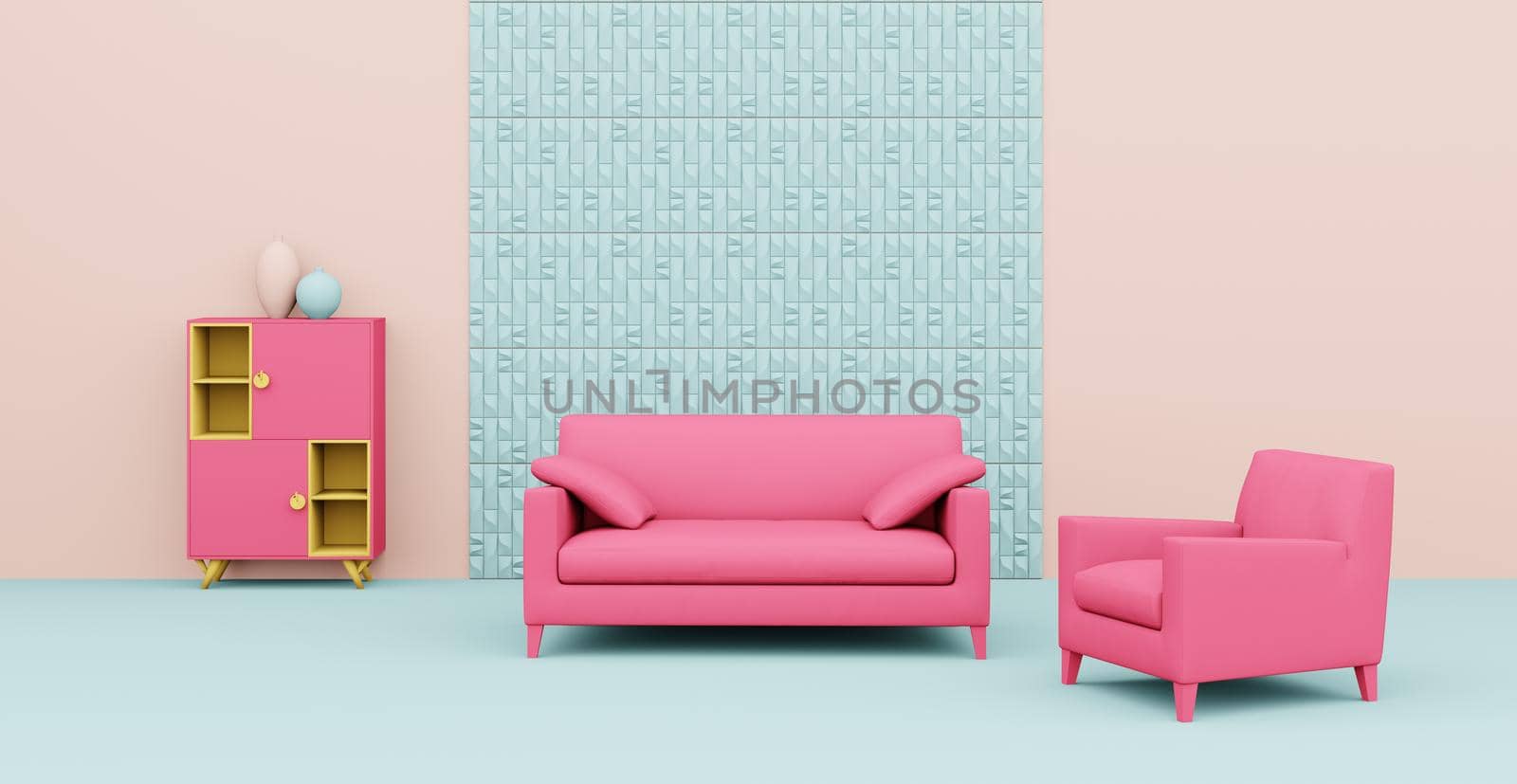 3d Abstract interior. Interior template. Bright color in the interior