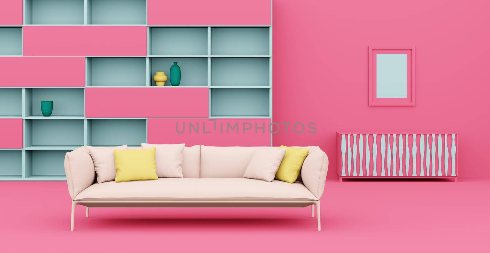 3d Abstract interior. Interior template. Bright color in the interior