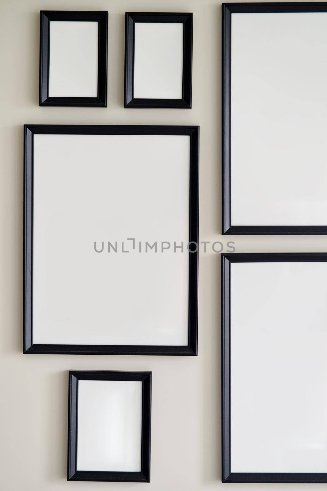Different size framed photos hanging on the gray wall. High quality photo