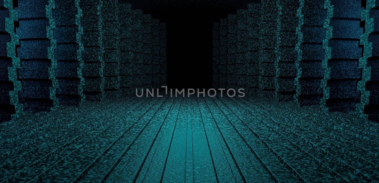 Space Futuristic Basement Underground Hall Spotlight Turquoise Background With Space For Products 3D Illustration