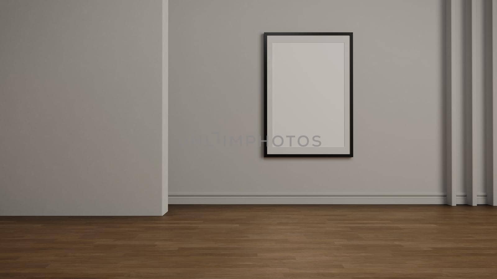 White frame mock up on wooden floor with light wall. 3D illustration.